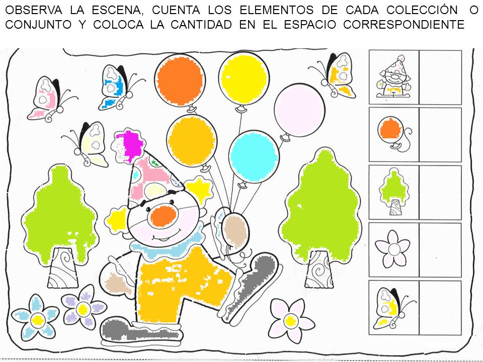 OBSERVA LA ESCENA, CUENTA LOS ELEMENTOS DE CADA COLECCIÓN O CONJUNTO Y COLOCA LA CANTIDAD EN EL ESPACIO CORRESPONDIENTE