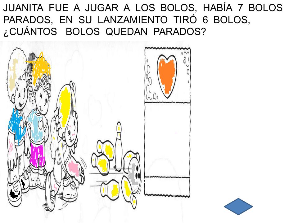 JUANITA FUE A JUGAR A LOS BOLOS, HABÍA 7 BOLOS PARADOS, EN SU LANZAMIENTO TIRÓ 6 BOLOS, ¿CUÁNTOS BOLOS QUEDAN PARADOS