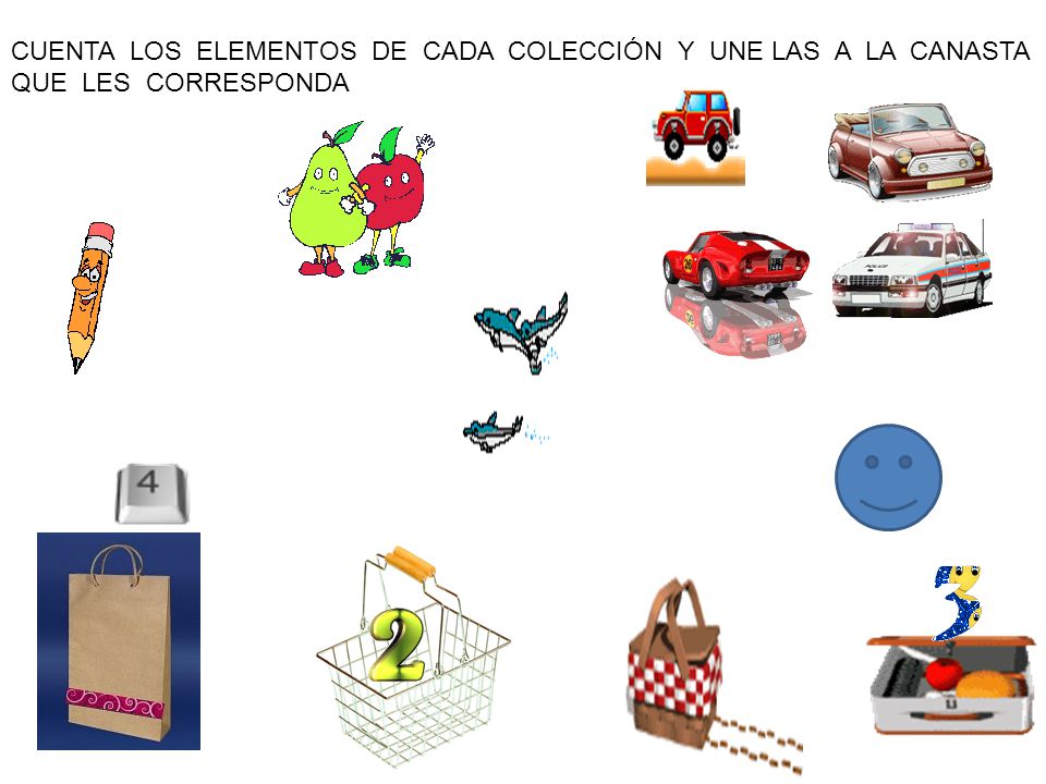 CUENTA LOS ELEMENTOS DE CADA COLECCIÓN Y UNE LAS A LA CANASTA QUE LES CORRESPONDA