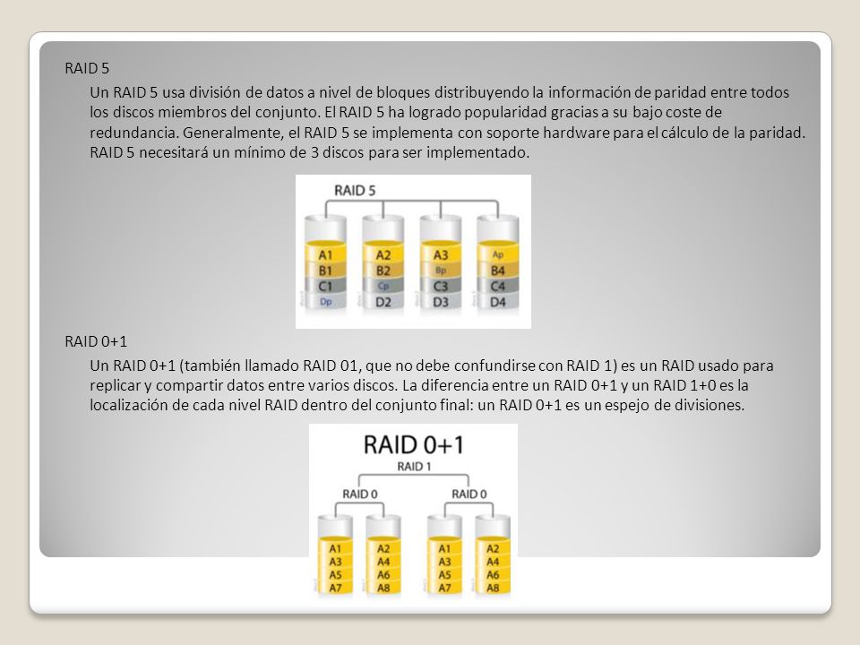 RAID 5 Un RAID 5 usa división de datos a nivel de bloques distribuyendo la información de paridad entre todos los discos miembros del conjunto.