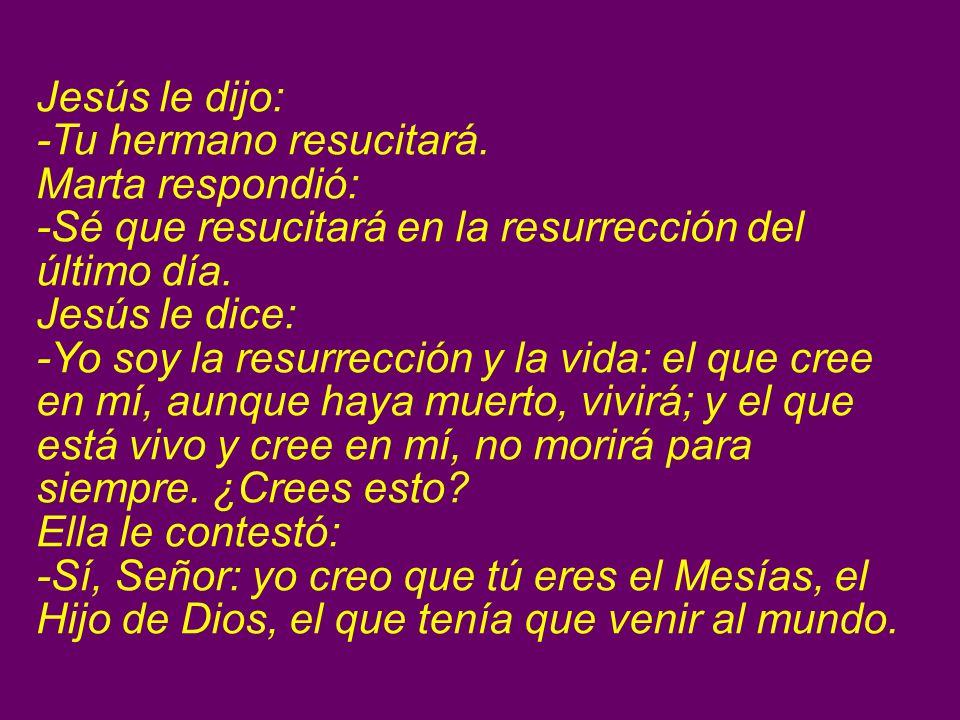 Jesús le dijo: -Tu hermano resucitará. Marta respondió: -Sé que resucitará en la resurrección del último día.