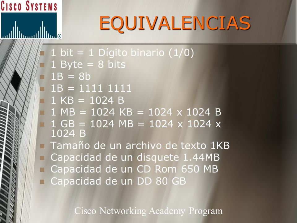 EQUIVALENCIAS 1 bit = 1 Dígito binario (1/0) 1 Byte = 8 bits 1B = 8b