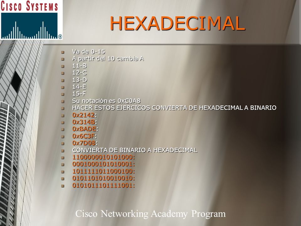 HEXADECIMAL Va de 0-15 A partir del 10 cambia A 11-B 12-C 13-D 14-E