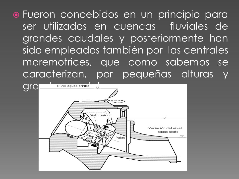 Fueron concebidos en un principio para ser utilizados en cuencas fluviales de grandes caudales y posteriormente han sido empleados también por las centrales maremotrices, que como sabemos se caracterizan, por pequeñas alturas y grandes caudales.