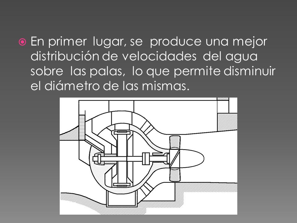 En primer lugar, se produce una mejor distribución de velocidades del agua sobre las palas, lo que permite disminuir el diámetro de las mismas.