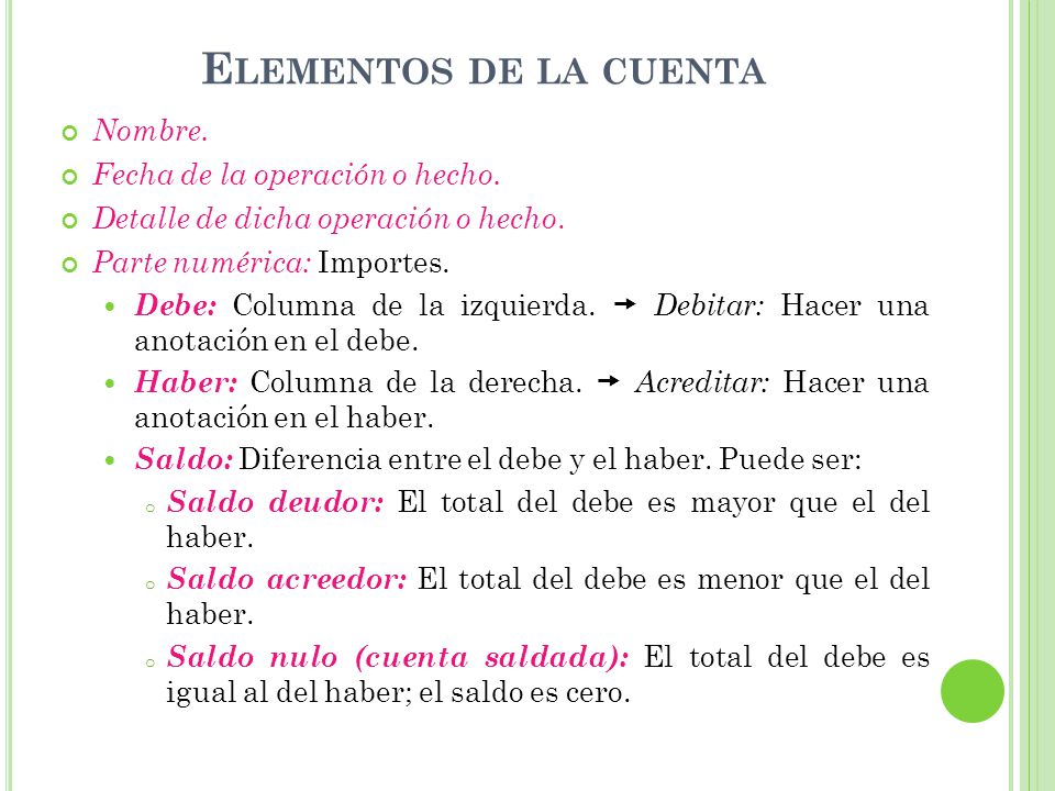 Elementos de la cuenta Nombre. Fecha de la operación o hecho.