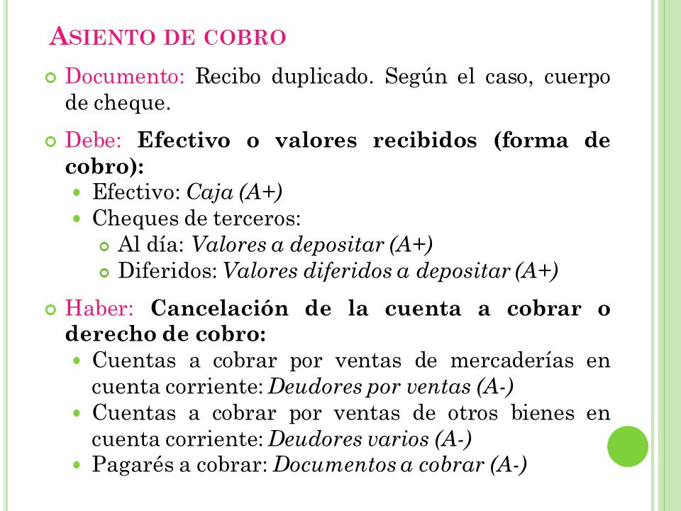 Asiento de cobro Documento: Recibo duplicado. Según el caso, cuerpo de cheque. Debe: Efectivo o valores recibidos (forma de cobro):