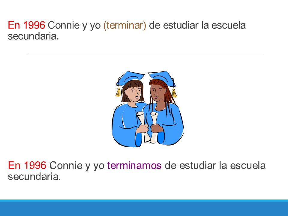 En 1996 Connie y yo (terminar) de estudiar la escuela secundaria.