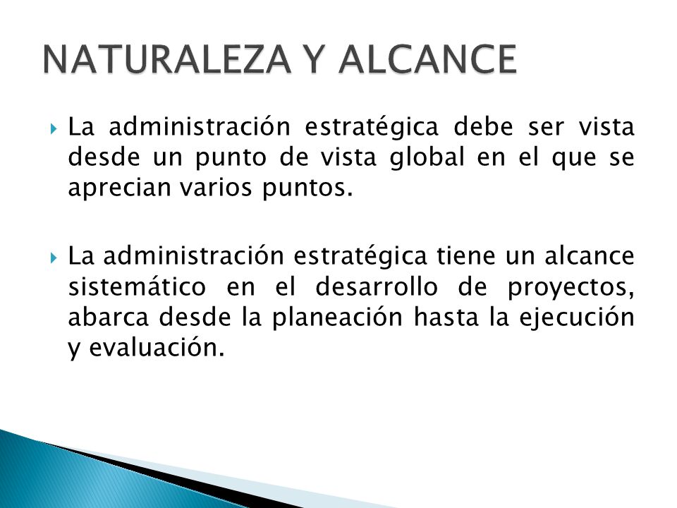 NATURALEZA Y ALCANCE La administración estratégica debe ser vista desde un punto de vista global en el que se aprecian varios puntos.