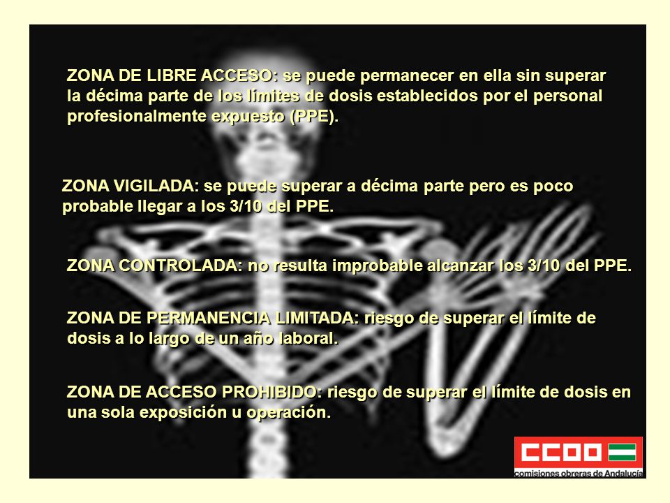 ZONA DE LIBRE ACCESO: se puede permanecer en ella sin superar la décima parte de los límites de dosis establecidos por el personal profesionalmente expuesto (PPE).