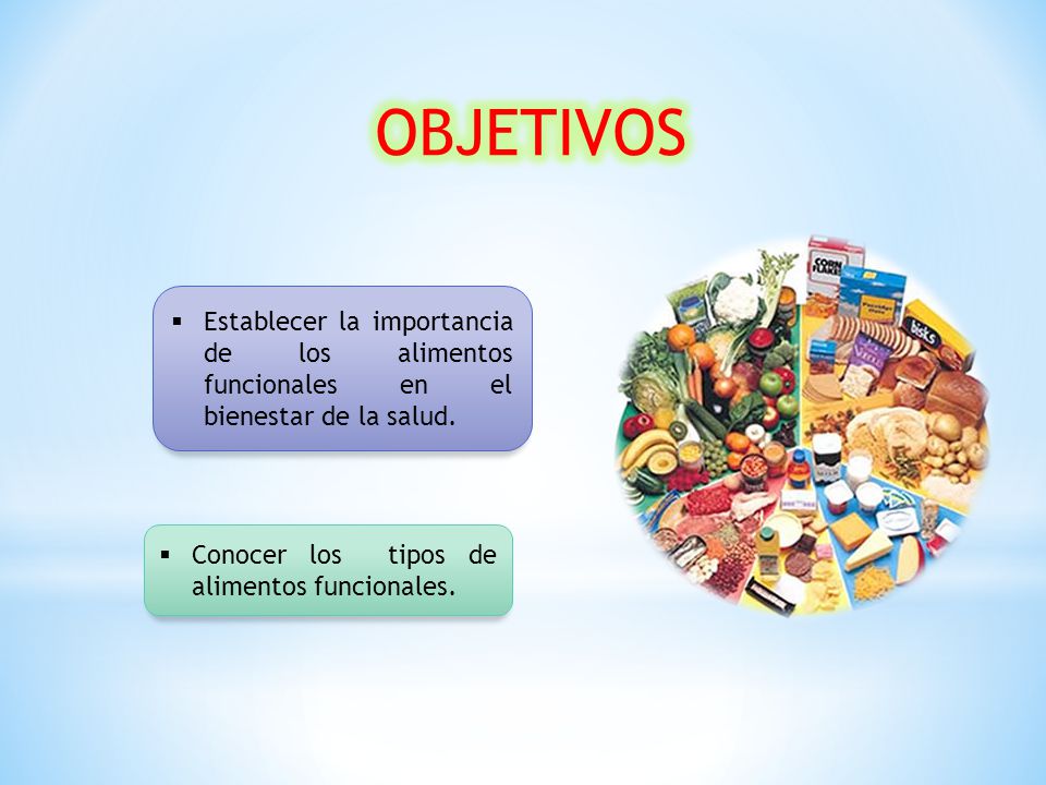 OBJETIVOS Establecer la importancia de los alimentos funcionales en el bienestar de la salud.