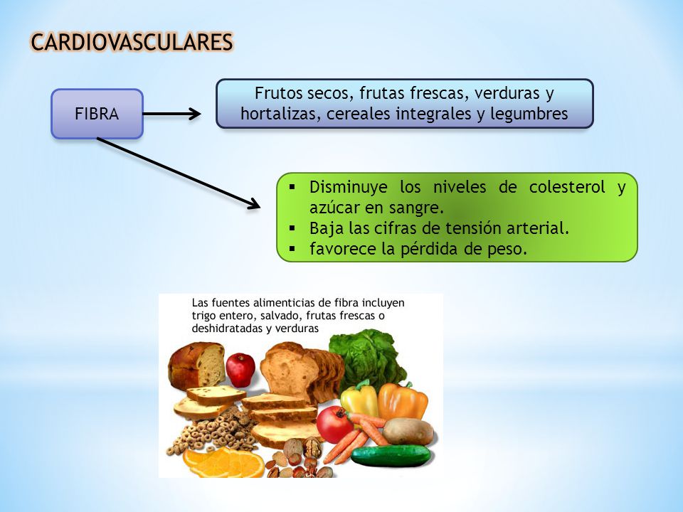 CARDIOVASCULARES Frutos secos, frutas frescas, verduras y hortalizas, cereales integrales y legumbres.