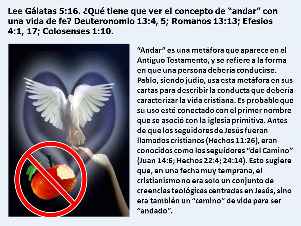 Lee Gálatas 5:16. ¿Qué tiene que ver el concepto de andar con una vida de fe Deuteronomio 13:4, 5; Romanos 13:13; Efesios 4:1, 17; Colosenses 1:10.