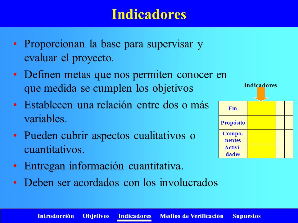 Indicadores Proporcionan la base para supervisar y evaluar el proyecto.