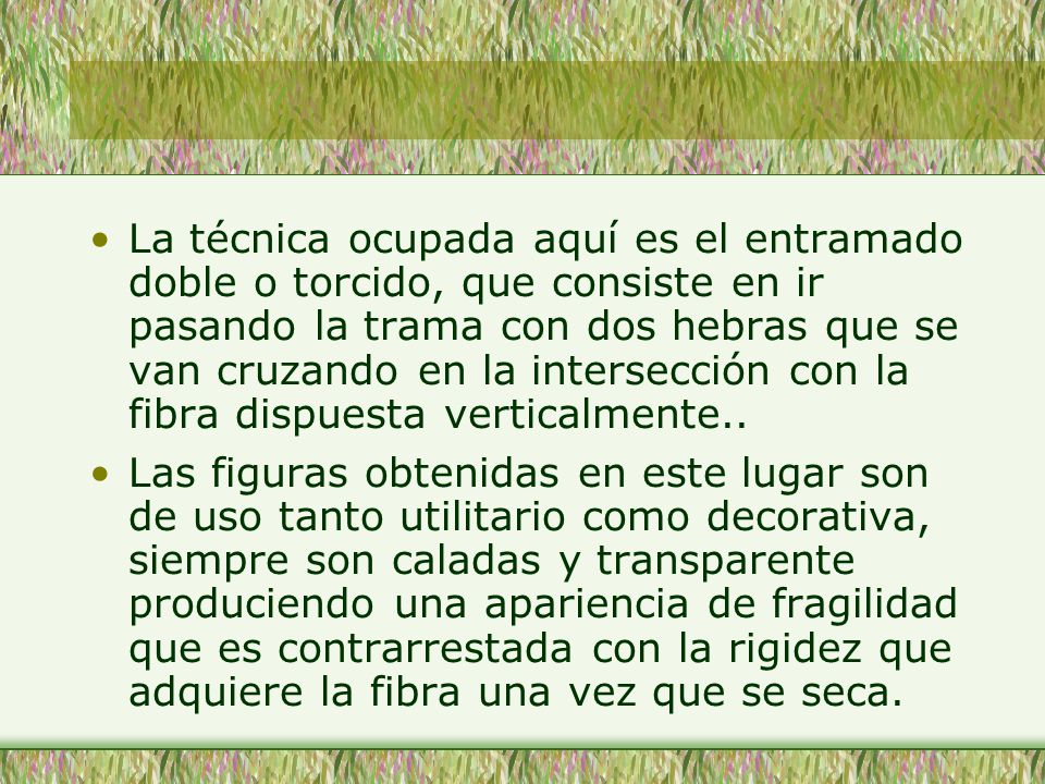 La técnica ocupada aquí es el entramado doble o torcido, que consiste en ir pasando la trama con dos hebras que se van cruzando en la intersección con la fibra dispuesta verticalmente..