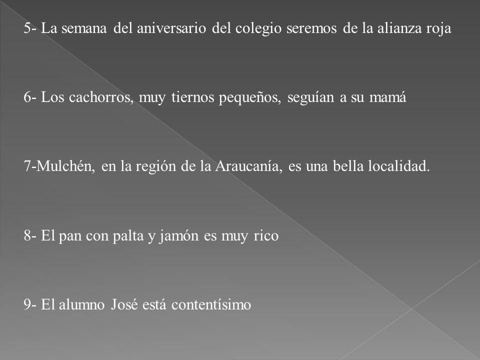 5- La semana del aniversario del colegio seremos de la alianza roja 6- Los cachorros, muy tiernos pequeños, seguían a su mamá 7-Mulchén, en la región de la Araucanía, es una bella localidad.