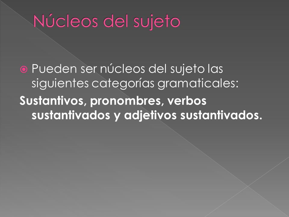 Núcleos del sujeto Pueden ser núcleos del sujeto las siguientes categorías gramaticales: