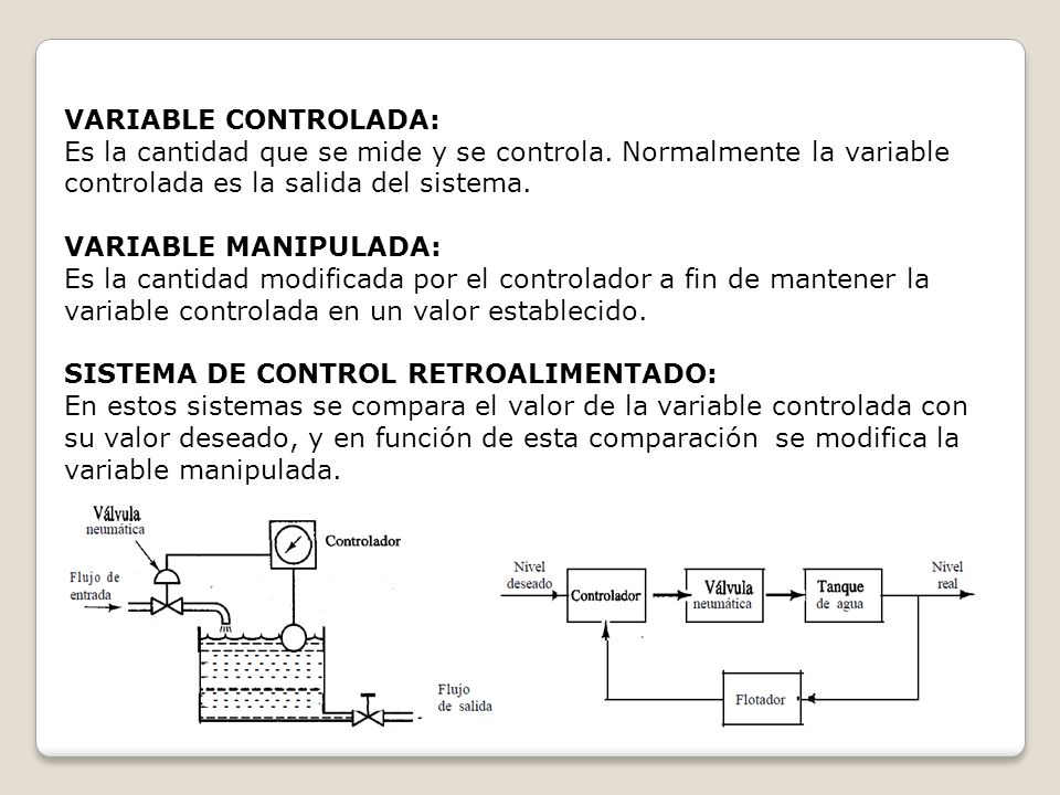 VARIABLE CONTROLADA: Es la cantidad que se mide y se controla. Normalmente la variable controlada es la salida del sistema.