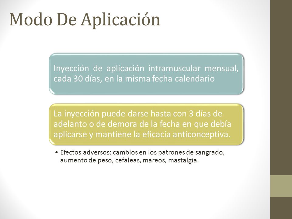 Modo De Aplicación Inyección de aplicación intramuscular mensual, cada 30 días, en la misma fecha calendario.