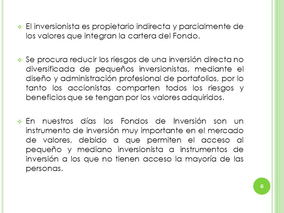 El inversionista es propietario indirecta y parcialmente de los valores que integran la cartera del Fondo.