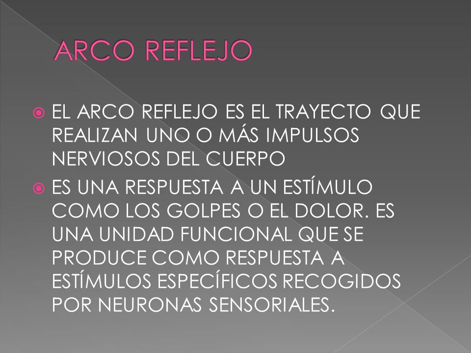 ARCO REFLEJO EL ARCO REFLEJO ES EL TRAYECTO QUE REALIZAN UNO O MÁS IMPULSOS NERVIOSOS DEL CUERPO.