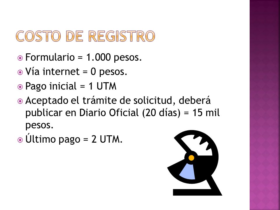 COSTO DE REGISTRO Formulario = pesos. Vía internet = 0 pesos.