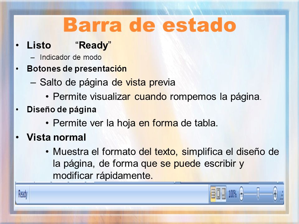 Barra de estado Listo Ready Salto de página de vista previa