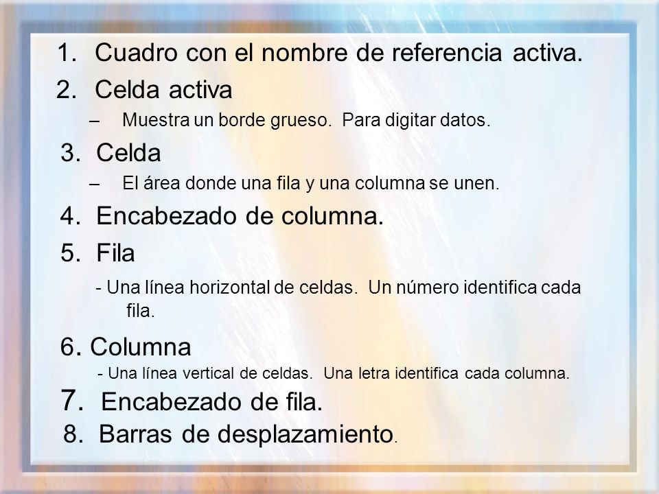 7. Encabezado de fila. Cuadro con el nombre de referencia activa.
