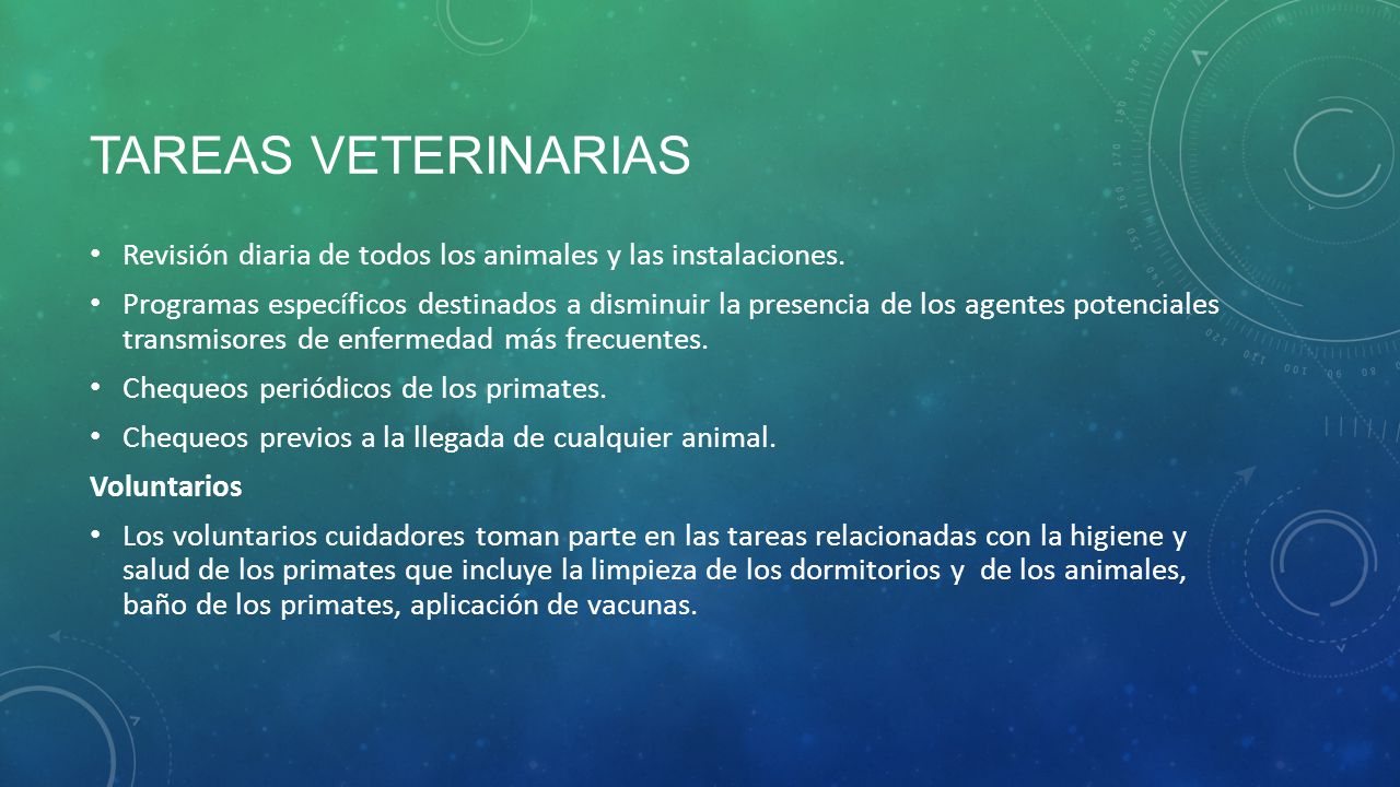 Tareas Veterinarias Revisión diaria de todos los animales y las instalaciones.
