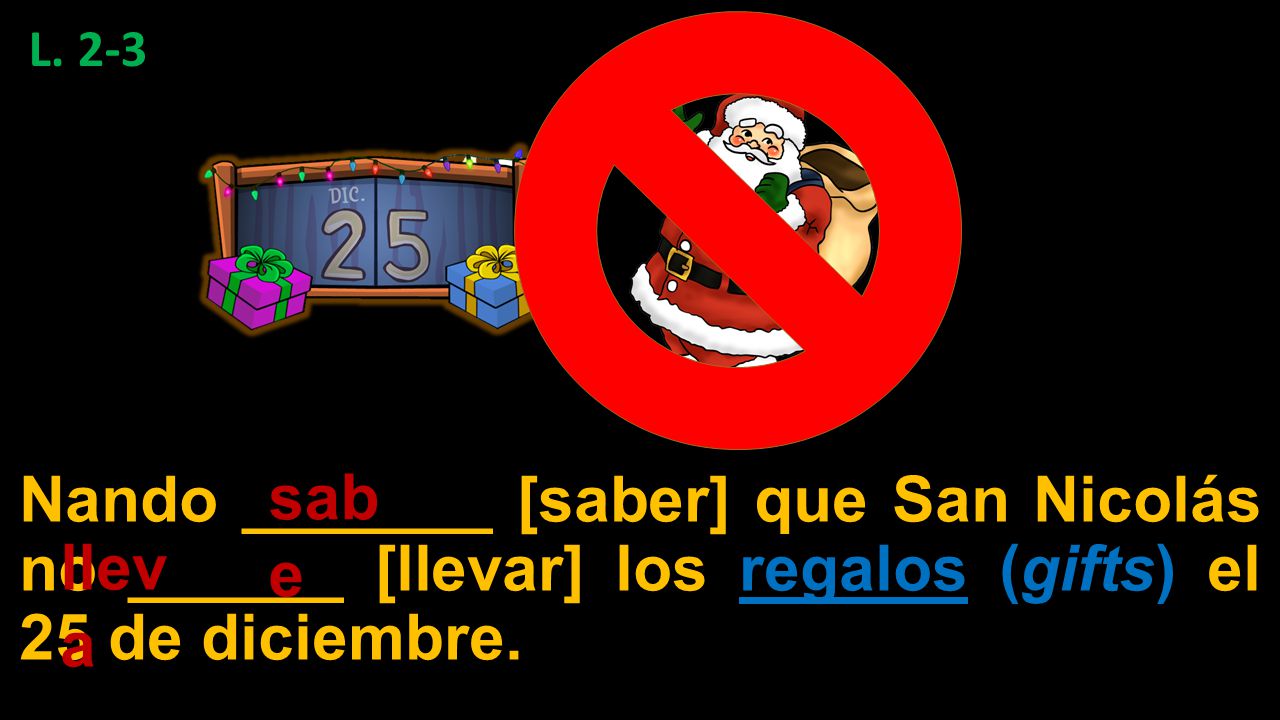 L. 2-3 Nando _______ [saber] que San Nicolás no ______ [llevar] los regalos (gifts) el 25 de diciembre.