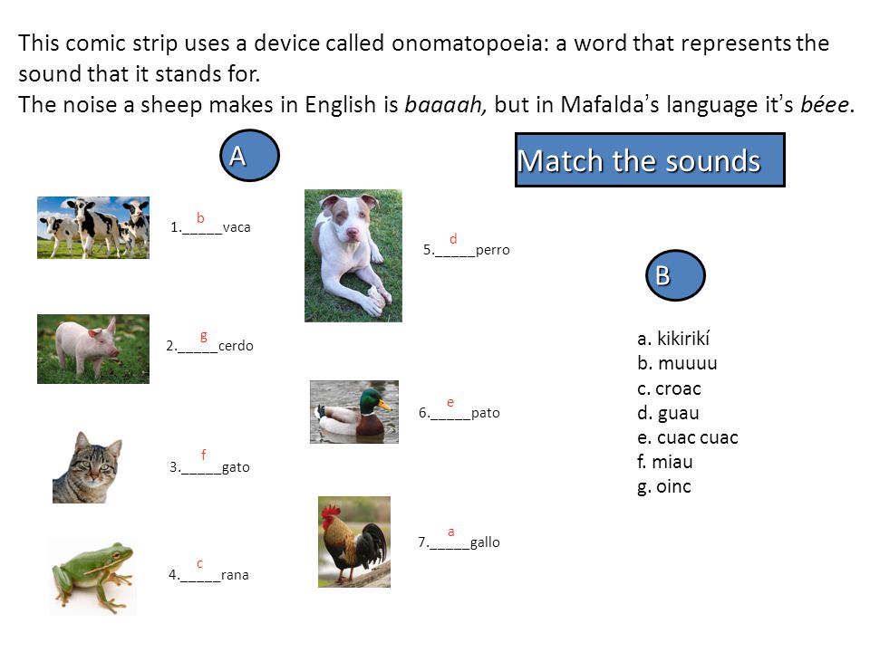 This comic strip uses a device called onomatopoeia: a word that represents the sound that it stands for.