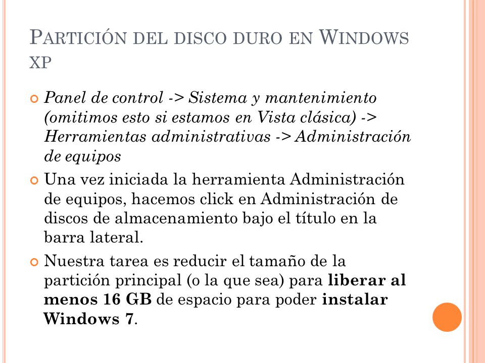 Partición del disco duro en Windows xp