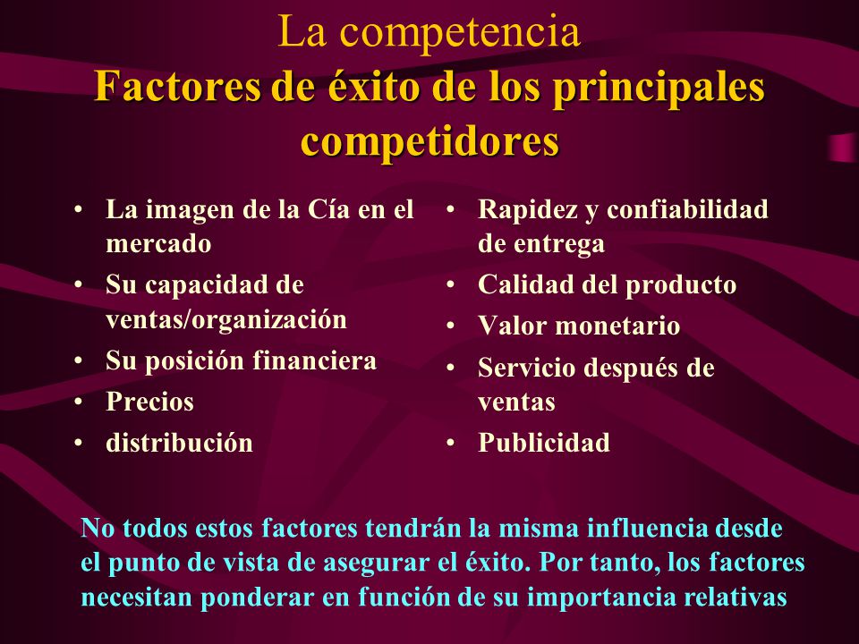 La competencia Factores de éxito de los principales competidores