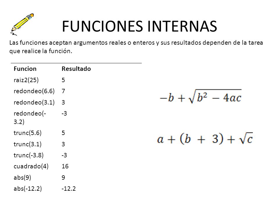 FUNCIONES INTERNAS Las funciones aceptan argumentos reales o enteros y sus resultados dependen de la tarea que realice la función.