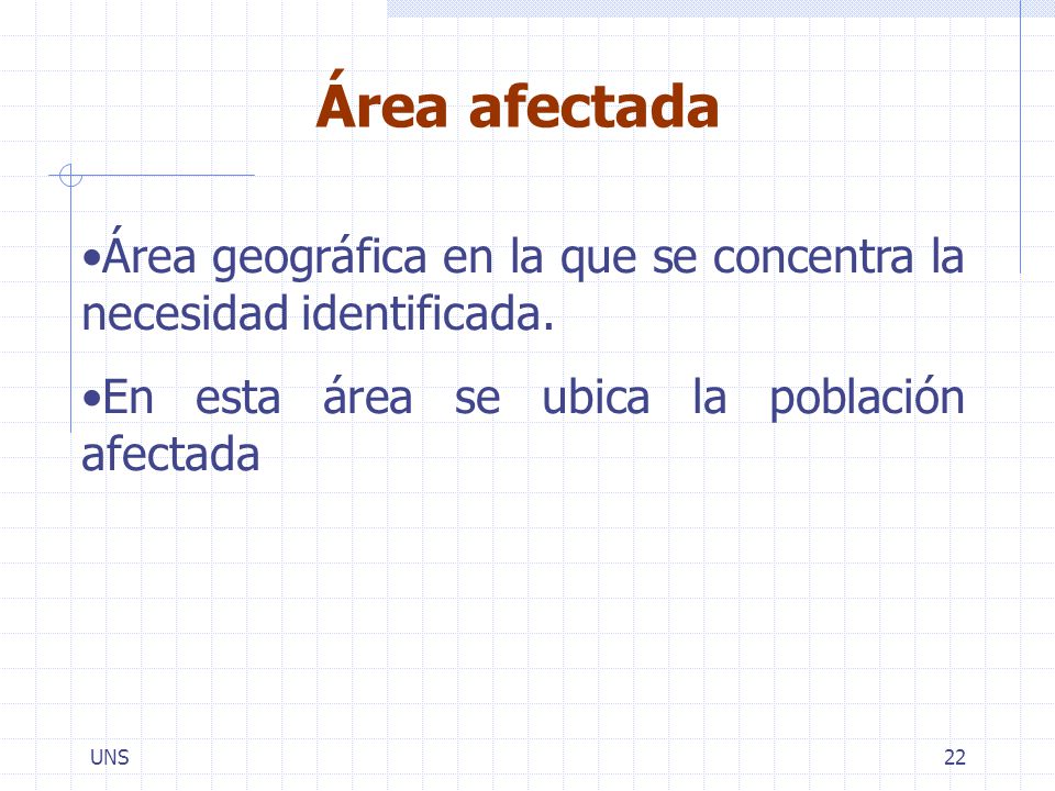 Área afectada Área geográfica en la que se concentra la necesidad identificada. En esta área se ubica la población afectada.