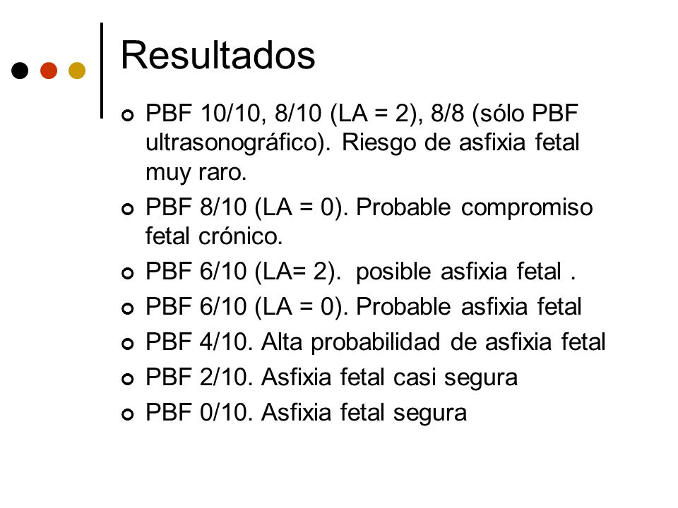 Resultados PBF 10/10, 8/10 (LA = 2), 8/8 (sólo PBF ultrasonográfico). Riesgo de asfixia fetal muy raro.