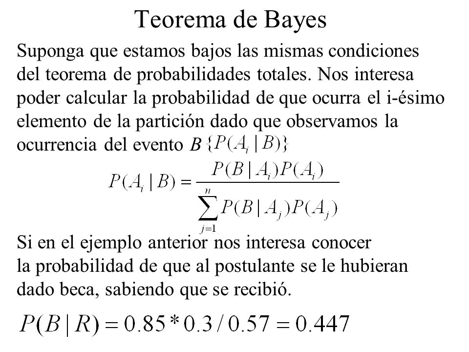 Teorema de Bayes Suponga que estamos bajos las mismas condiciones