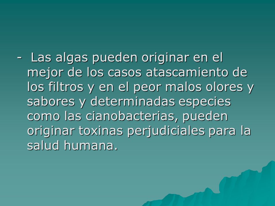 - Las algas pueden originar en el mejor de los casos atascamiento de los filtros y en el peor malos olores y sabores y determinadas especies como las cianobacterias, pueden originar toxinas perjudiciales para la salud humana.