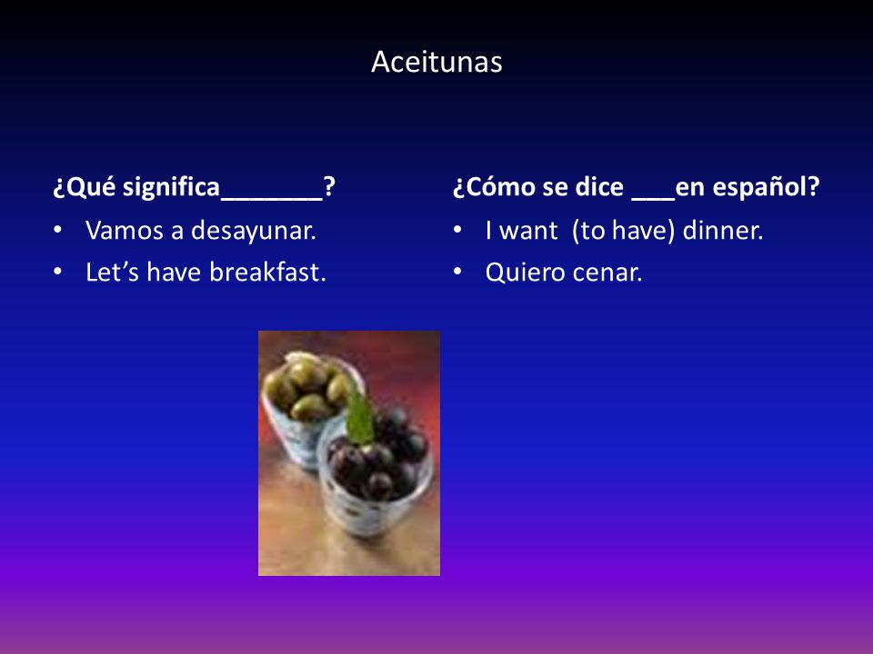 Aceitunas ¿Qué significa_______ ¿Cómo se dice ___en español