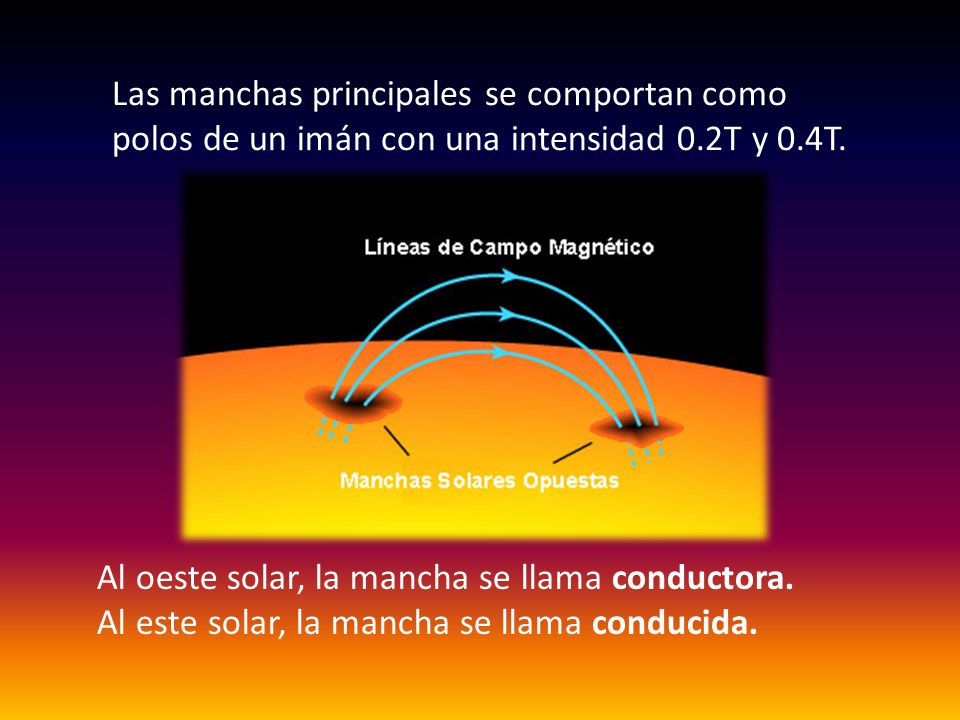 Las manchas principales se comportan como polos de un imán con una intensidad 0.2T y 0.4T.