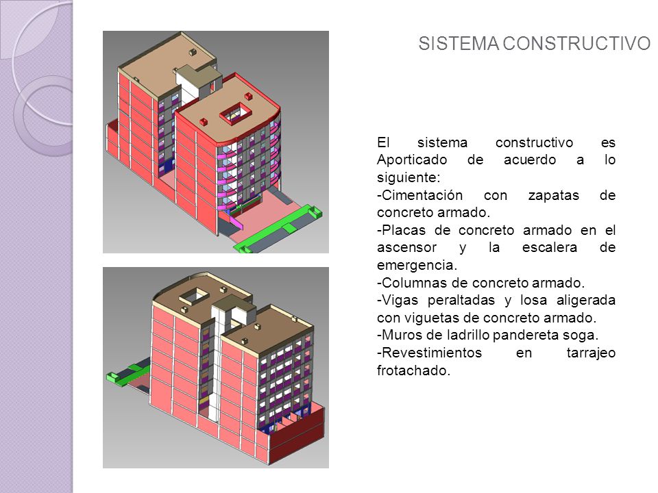 SISTEMA CONSTRUCTIVO El sistema constructivo es Aporticado de acuerdo a lo siguiente: -Cimentación con zapatas de concreto armado.