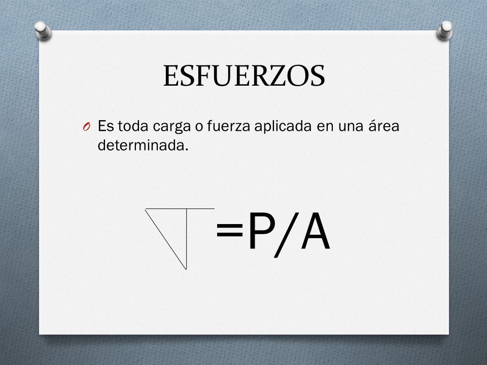 ESFUERZOS Es toda carga o fuerza aplicada en una área determinada. =P/A
