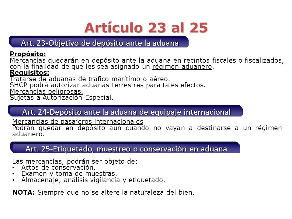 Artículo 23 al 25 Art. 23-Objetivo de depósito ante la aduana
