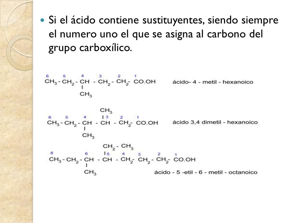Si el ácido contiene sustituyentes, siendo siempre el numero uno el que se asigna al carbono del grupo carboxílico.