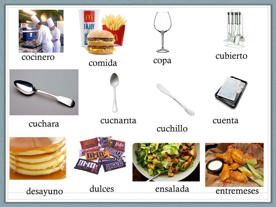 cocinero cubierto copa comida cucharita cuenta cuchara cuchillo dulces ensalada desayuno entremeses