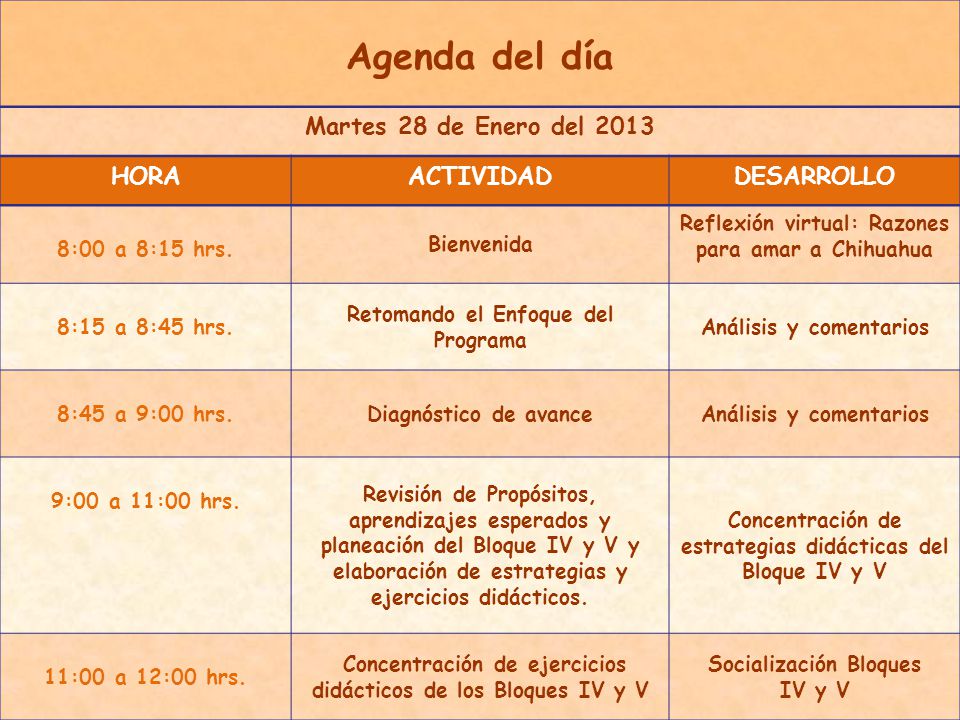 Agenda del día Martes 28 de Enero del 2013 HORA ACTIVIDAD DESARROLLO