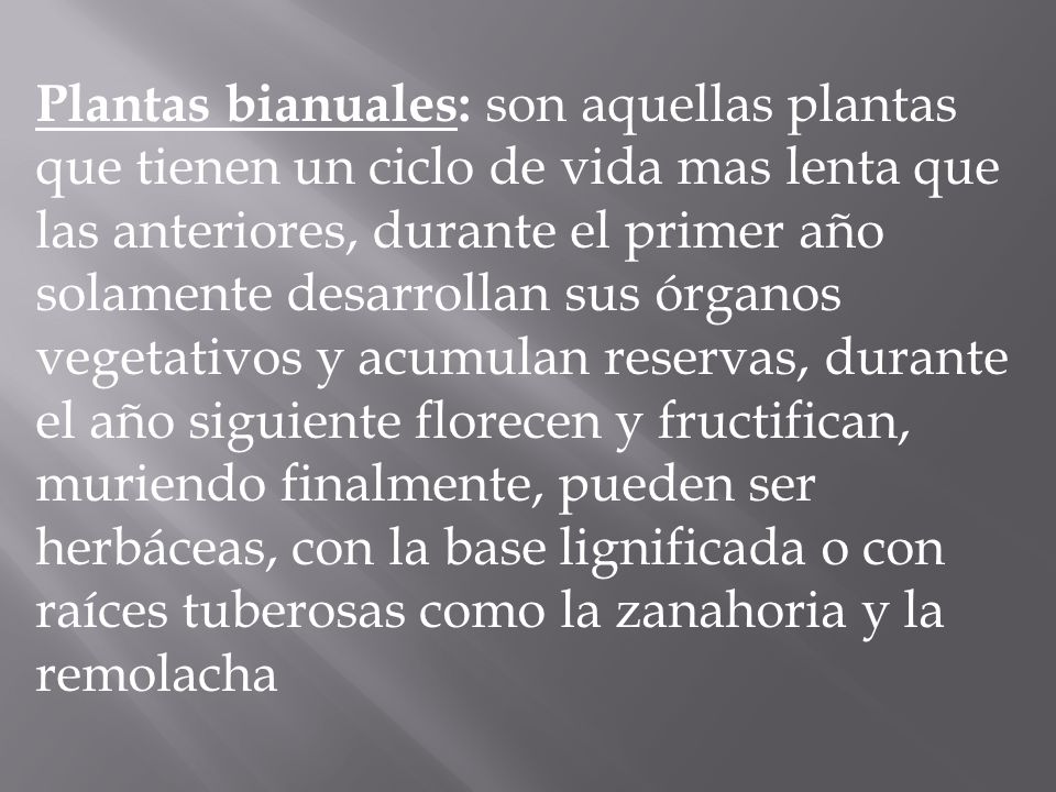 Plantas bianuales: son aquellas plantas que tienen un ciclo de vida mas lenta que las anteriores, durante el primer año solamente desarrollan sus órganos vegetativos y acumulan reservas, durante el año siguiente florecen y fructifican, muriendo finalmente, pueden ser herbáceas, con la base lignificada o con raíces tuberosas como la zanahoria y la remolacha