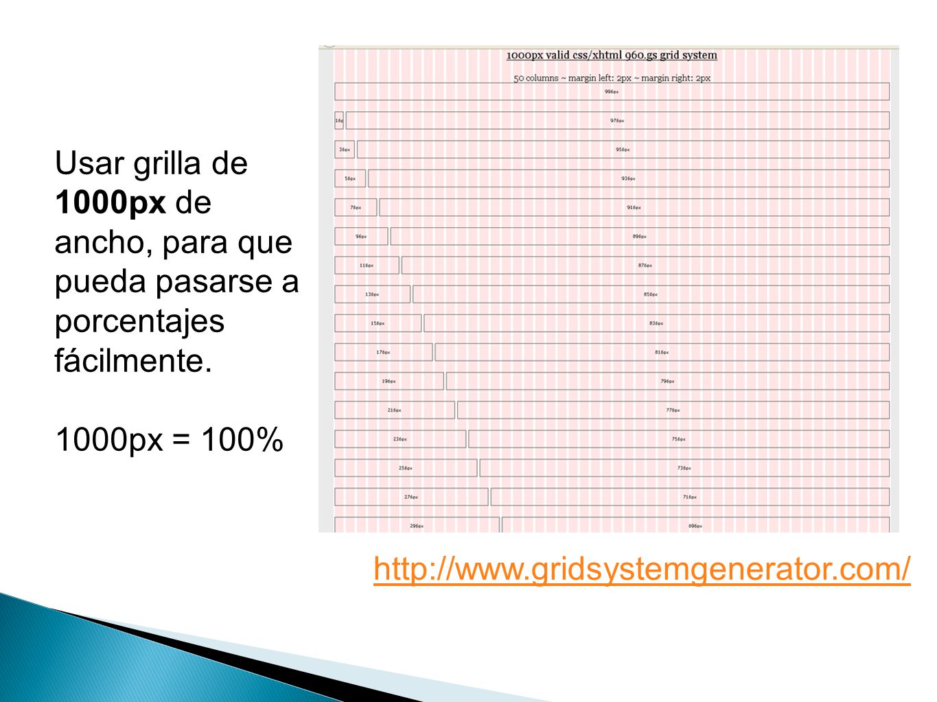 Usar grilla de 1000px de ancho, para que pueda pasarse a porcentajes fácilmente.