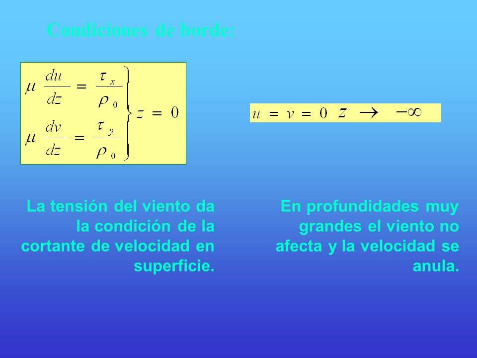 Condiciones de borde: La tensión del viento da la condición de la cortante de velocidad en superficie.