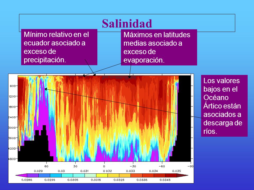 Salinidad Mínimo relativo en el ecuador asociado a exceso de precipitación. Máximos en latitudes medias asociado a exceso de evaporación.
